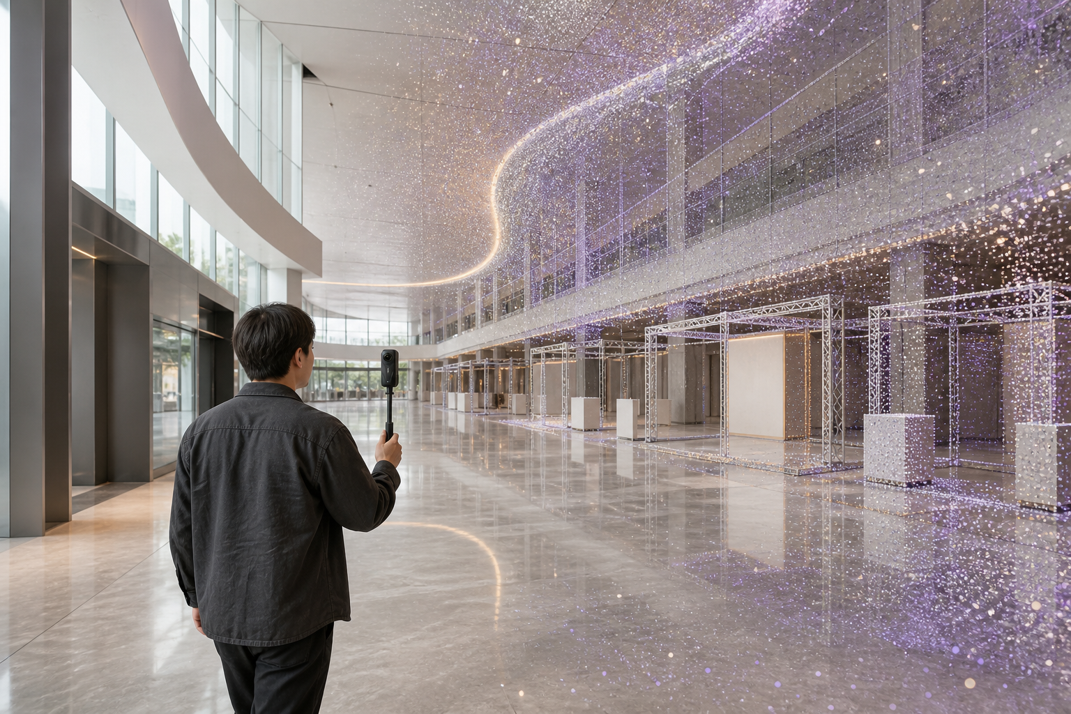 单人使用 Insta360 X6 采集大型室内活动场地并生成 3DGS 空间数据的示意图